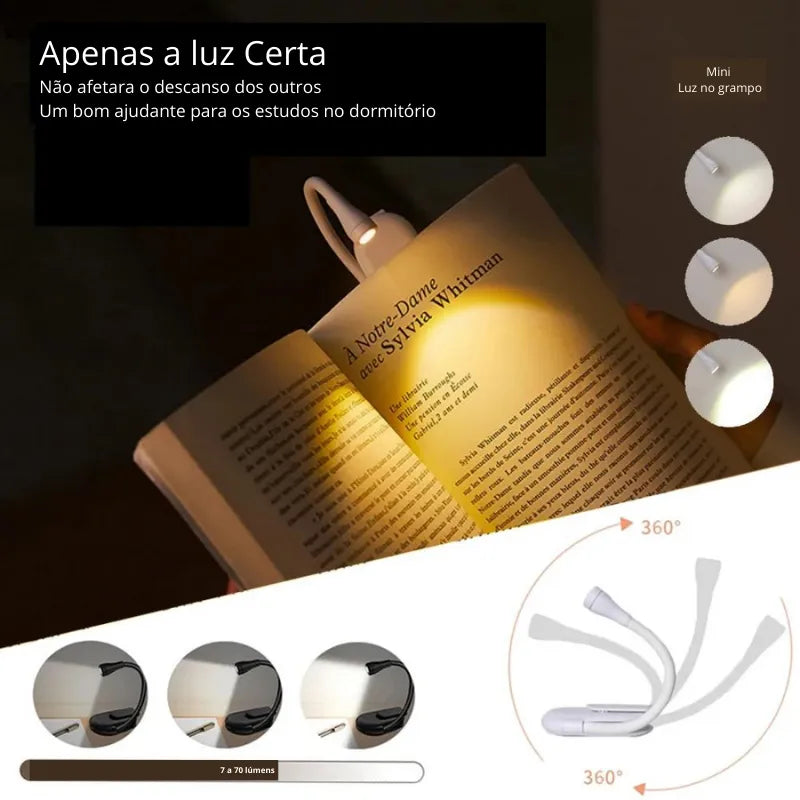 Luminária Sem fio com grampo leitura - USB recarregável